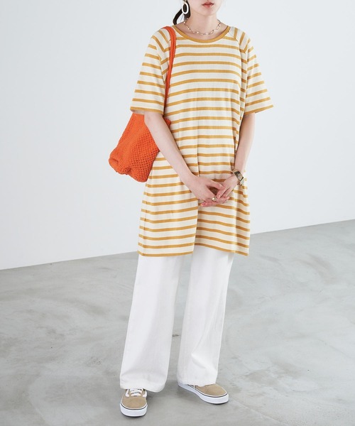 Chaco closet（チャコ クローゼット）の「天竺ボーダー ロングビッグ Tシャツ ボーダーT/ワンピース（ワンピース・レディース・チャコールグレー/オレンジ/ボルドー/ラベンダー/マスタード/ネイビー・FREE）」の5枚目の写真