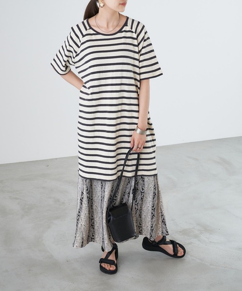 Chaco closet（チャコ クローゼット）の「天竺ボーダー ロングビッグ Tシャツ ボーダーT/ワンピース（ワンピース・レディース・チャコールグレー/オレンジ/ボルドー/ラベンダー/マスタード/ネイビー・FREE）」の9枚目の写真