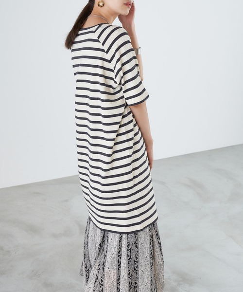 Chaco closet（チャコ クローゼット）の「天竺ボーダー ロングビッグ Tシャツ ボーダーT/ワンピース（ワンピース・レディース・チャコールグレー/オレンジ/ボルドー/ラベンダー/マスタード/ネイビー・FREE）」の7枚目の写真