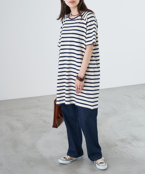 Chaco closet（チャコ クローゼット）の「天竺ボーダー ロングビッグ Tシャツ ボーダーT/ワンピース（ワンピース・レディース・チャコールグレー/オレンジ/ボルドー/ラベンダー/マスタード/ネイビー・FREE）」の13枚目の写真