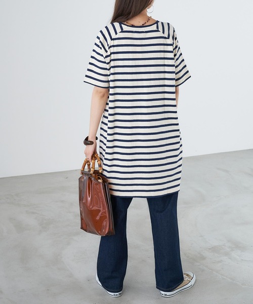 Chaco closet（チャコ クローゼット）の「天竺ボーダー ロングビッグ Tシャツ ボーダーT/ワンピース（ワンピース・レディース・チャコールグレー/オレンジ/ボルドー/ラベンダー/マスタード/ネイビー・FREE）」の14枚目の写真