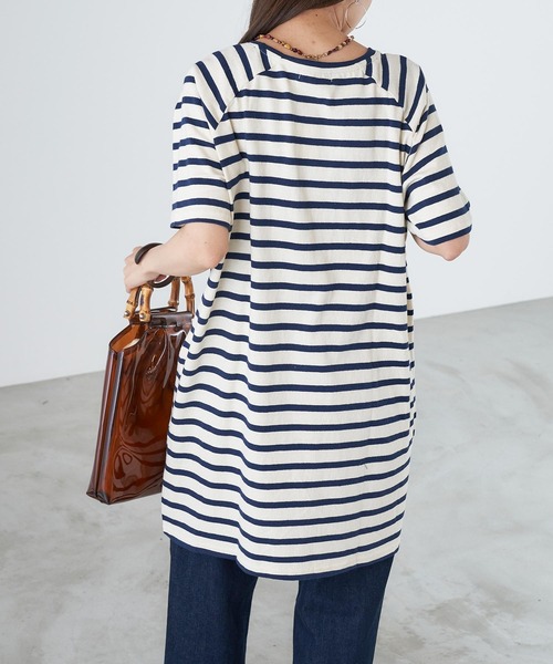 Chaco closet（チャコ クローゼット）の「天竺ボーダー ロングビッグ Tシャツ ボーダーT/ワンピース（ワンピース・レディース・チャコールグレー/オレンジ/ボルドー/ラベンダー/マスタード/ネイビー・FREE）」の11枚目の写真