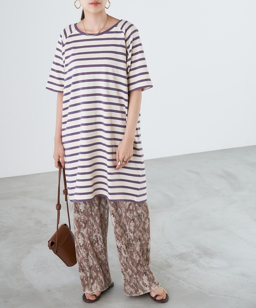 Chaco closet（チャコ クローゼット）の「天竺ボーダー ロングビッグ Tシャツ ボーダーT/ワンピース（ワンピース・レディース・チャコールグレー/オレンジ/ボルドー/ラベンダー/マスタード/ネイビー・FREE）」の17枚目の写真