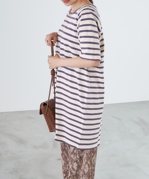 Chaco closet（チャコ クローゼット）の「天竺ボーダー ロングビッグ Tシャツ ボーダーT/ワンピース（ワンピース・レディース・チャコールグレー/オレンジ/ボルドー/ラベンダー/マスタード/ネイビー・FREE）」の15枚目の写真