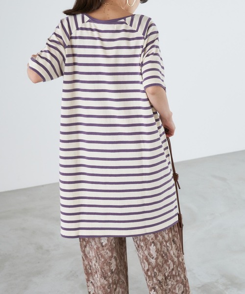 Chaco closet（チャコ クローゼット）の「天竺ボーダー ロングビッグ Tシャツ ボーダーT/ワンピース（ワンピース・レディース・チャコールグレー/オレンジ/ボルドー/ラベンダー/マスタード/ネイビー・FREE）」の16枚目の写真