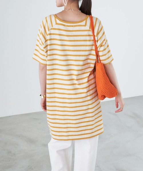 Chaco closet（チャコ クローゼット）の「天竺ボーダー ロングビッグ Tシャツ ボーダーT/ワンピース（ワンピース・レディース・チャコールグレー/オレンジ/ボルドー/ラベンダー/マスタード/ネイビー・FREE）」の20枚目の写真