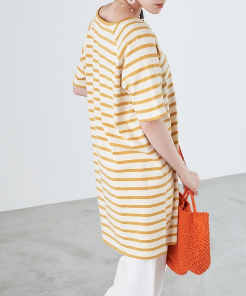 Chaco closet（チャコ クローゼット）の「天竺ボーダー ロングビッグ Tシャツ ボーダーT/ワンピース（ワンピース・レディース・チャコールグレー/オレンジ/ボルドー/ラベンダー/マスタード/ネイビー・FREE）」の19枚目の写真