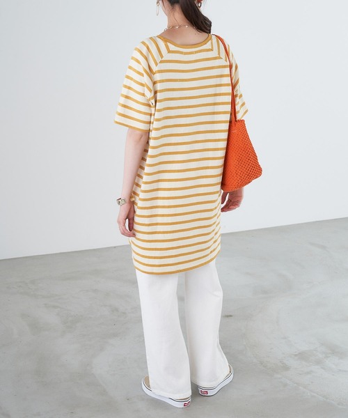 Chaco closet（チャコ クローゼット）の「天竺ボーダー ロングビッグ Tシャツ ボーダーT/ワンピース（ワンピース・レディース・チャコールグレー/オレンジ/ボルドー/ラベンダー/マスタード/ネイビー・FREE）」の22枚目の写真