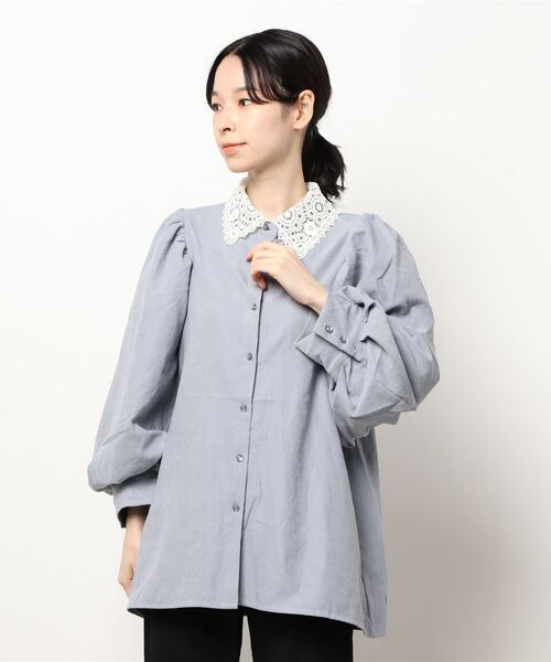 ems excite（エムズエキサイト）の「襟レースパワショルブラウス（シャツ/ブラウス・レディース・ホワイト/ライトブルー/ブラック/ブラック系その他・FREE）」の7枚目の写真
