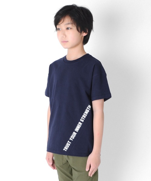 GLAZOS（グラソス）の「天竺・USAコットン ドロップショルダー斜め切替プリント半袖Tシャツ（Tシャツ/カットソー・キッズ・ホワイト/ネイビー/カーキ・130cm/140cm/150cm/160cm/170cm）」の11枚目の写真