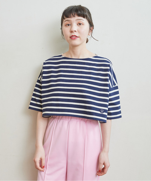 CHILD WOMAN(チャイルドウーマン)の「デラヴェボーダーショート丈5分袖プルオーバー(Tシャツ/カットソー・レディース・アイボリー/レッド/ネイビー・FREE)」の1枚目の写真