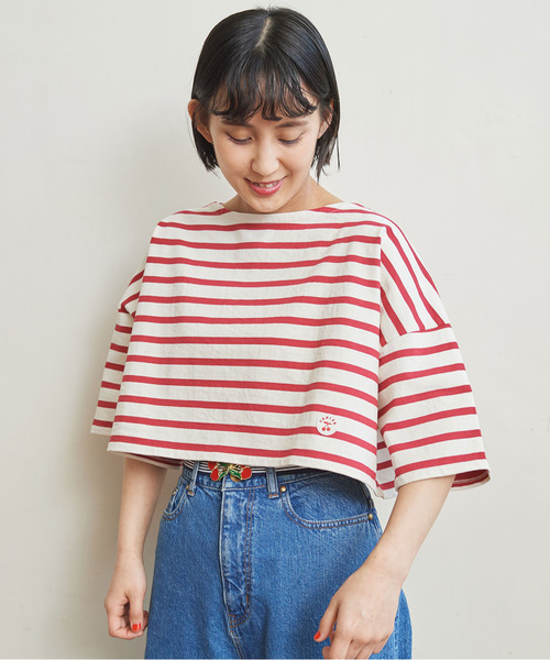 CHILD WOMAN(チャイルドウーマン)の「デラヴェボーダーショート丈5分袖プルオーバー(Tシャツ/カットソー・レディース・アイボリー/レッド/ネイビー・FREE)」の3枚目の写真
