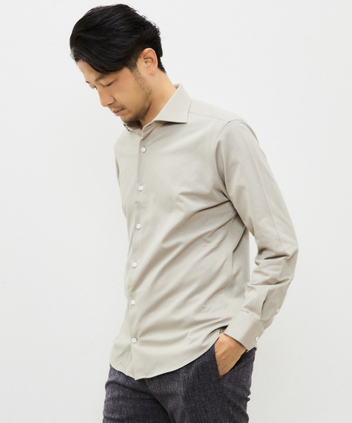 MEN'S MELROSE(メンズメルローズ)の「HITOYOSHI Wネーム COOLMAXサーフニットワイドカラーシャツ(シャツ/ブラウス・メンズ・ベージュ/グレー/ブルー・2/4/3/5)」の1枚目の写真