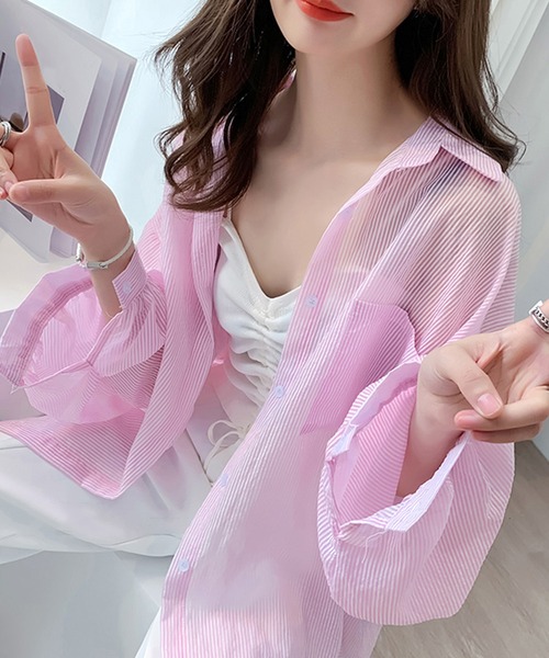 Girly Doll(ガーリードール)の「シアーストライプシャツ(シャツ/ブラウス・レディース・ホワイト/ピンク/ブルー・FREE)」の6枚目の写真
