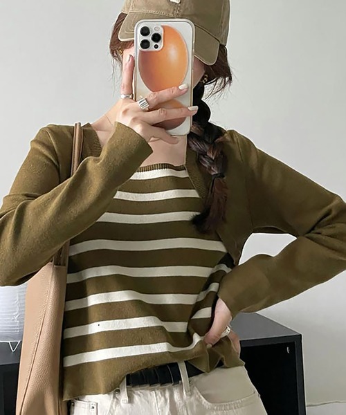 Girly Doll（ガーリードール）の「フェイクツーピースボーダーニット（ニット/セーター・レディース・ベージュ/グリーン/ブラック・F）」の19枚目の写真