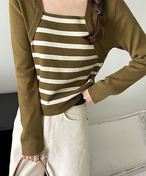 Girly Doll（ガーリードール）の「フェイクツーピースボーダーニット（ニット/セーター・レディース・ベージュ/グリーン/ブラック・F）」の13枚目の写真