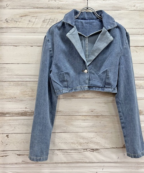 Jewelobe（ジュエローブ）の「クロップドテーラージャケット×ベルボトムルーズパンツ デニムセットアップ（セットアップ・レディース・ブルー・M/L）」の5枚目の写真