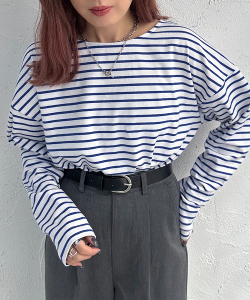 apres jour mignon（アプレジュールミニョン）の「ボーダーロンT【ZOZOTOWN限定アイテム】（Tシャツ/カットソー・レディース・ネイビー/レッド/ピンク/グリーン/ブルー・フリー/X-LARGE）」の3枚目の写真