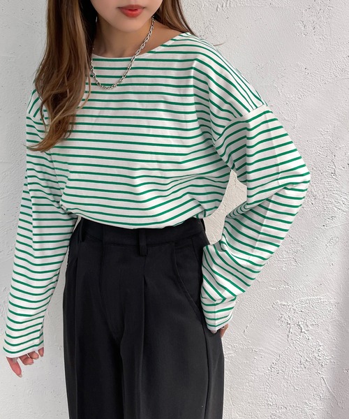 apres jour mignon（アプレジュールミニョン）の「ボーダーロンT【ZOZOTOWN限定アイテム】（Tシャツ/カットソー・レディース・ネイビー/レッド/ピンク/グリーン/ブルー・フリー/X-LARGE）」の6枚目の写真