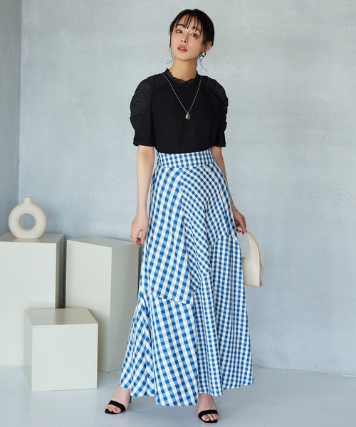 セール】ミックスギンガムチェック・美脚フレアスカート（スカート