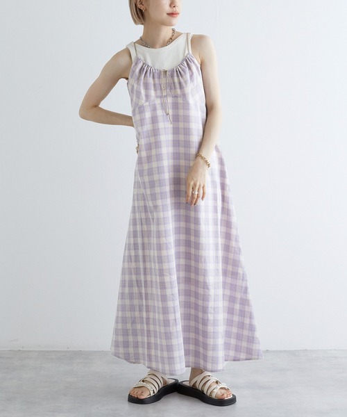 w closet（ダブルクローゼット）の「ドロストチェックキャミワンピース（ワンピース・レディース・パープル系その他/ブルー系その他/グリーン×ピンク・FREE）」の3枚目の写真