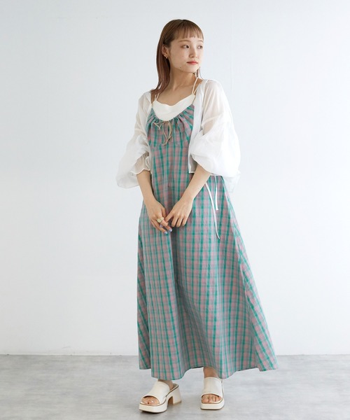 w closet（ダブルクローゼット）の「ドロストチェックキャミワンピース（ワンピース・レディース・パープル系その他/ブルー系その他/グリーン×ピンク・FREE）」の4枚目の写真