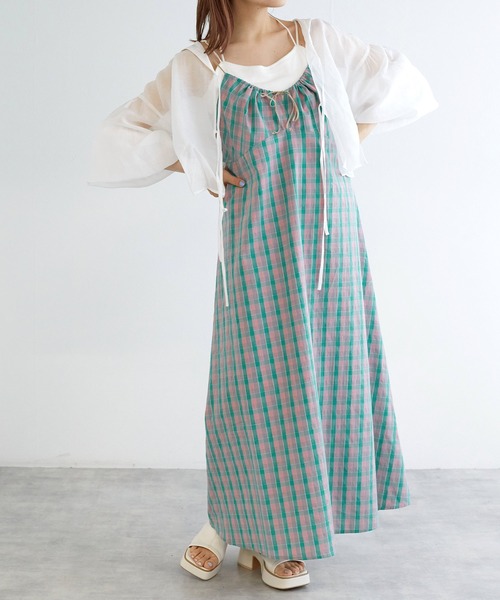 w closet（ダブルクローゼット）の「ドロストチェックキャミワンピース（ワンピース・レディース・パープル系その他/ブルー系その他/グリーン×ピンク・FREE）」の6枚目の写真