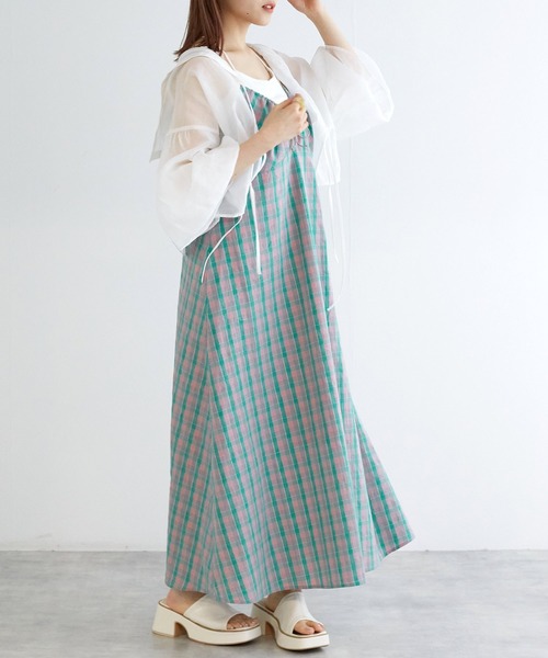 w closet（ダブルクローゼット）の「ドロストチェックキャミワンピース（ワンピース・レディース・パープル系その他/ブルー系その他/グリーン×ピンク・FREE）」の7枚目の写真