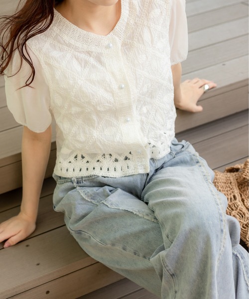 SpRay（スプレイ）の「刺繍編みブラウス（シャツ/ブラウス・レディース・ライトベージュ/ホワイト・FREE）」の5枚目の写真