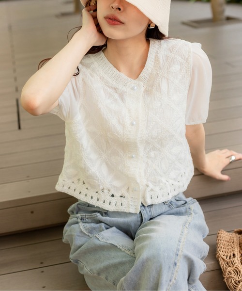 SpRay（スプレイ）の「刺繍編みブラウス（シャツ/ブラウス・レディース・ライトベージュ/ホワイト・FREE）」の6枚目の写真