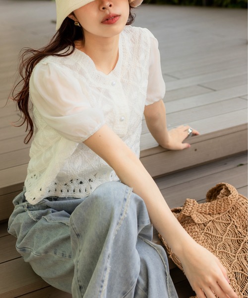 SpRay（スプレイ）の「刺繍編みブラウス（シャツ/ブラウス・レディース・ライトベージュ/ホワイト・FREE）」の7枚目の写真