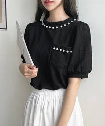 パールビジューボリューム袖カットソー