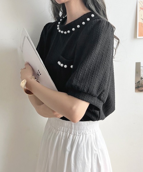 Futier land(フューティアランド)の「パールビジューボリューム袖カットソー(Tシャツ/カットソー・レディース・ホワイト/ブラック・FREE)」の13枚目の写真