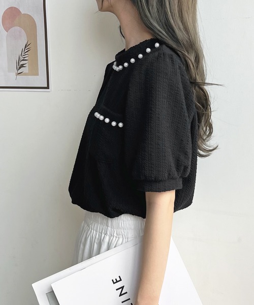 Futier land(フューティアランド)の「パールビジューボリューム袖カットソー(Tシャツ/カットソー・レディース・ホワイト/ブラック・FREE)」の16枚目の写真