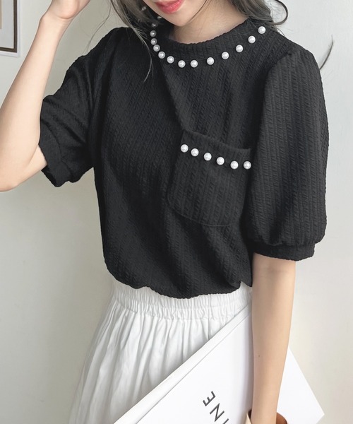 Futier land(フューティアランド)の「パールビジューボリューム袖カットソー(Tシャツ/カットソー・レディース・ホワイト/ブラック・FREE)」の10枚目の写真