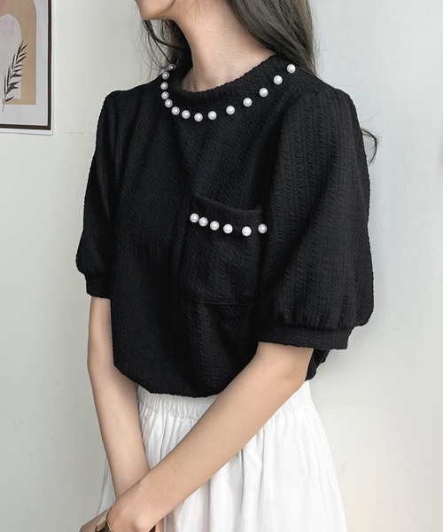 Futier land(フューティアランド)の「パールビジューボリューム袖カットソー(Tシャツ/カットソー・レディース・ホワイト/ブラック・FREE)」の7枚目の写真