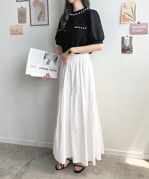 Futier land(フューティアランド)の「パールビジューボリューム袖カットソー(Tシャツ/カットソー・レディース・ホワイト/ブラック・FREE)」の4枚目の写真