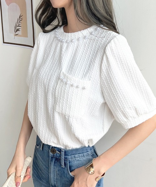 Futier land(フューティアランド)の「パールビジューボリューム袖カットソー(Tシャツ/カットソー・レディース・ホワイト/ブラック・FREE)」の20枚目の写真
