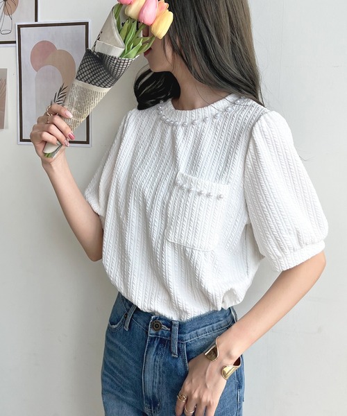 Futier land(フューティアランド)の「パールビジューボリューム袖カットソー(Tシャツ/カットソー・レディース・ホワイト/ブラック・FREE)」の8枚目の写真