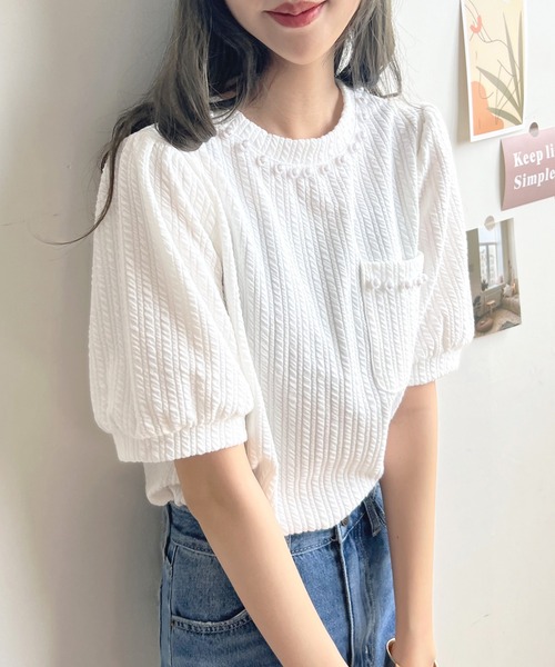 Futier land(フューティアランド)の「パールビジューボリューム袖カットソー(Tシャツ/カットソー・レディース・ホワイト/ブラック・FREE)」の15枚目の写真