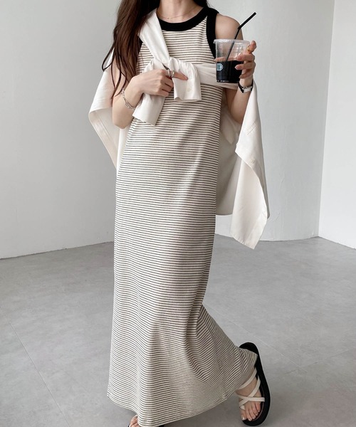 andme（アンドミー）の「カップ付きボーダーアメスリワンピース（ワンピース・レディース・ベージュ/オフホワイト/ライム/ブラック・FREE）」の3枚目の写真