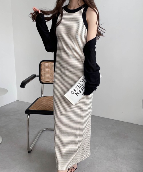 andme（アンドミー）の「カップ付きボーダーアメスリワンピース（ワンピース・レディース・ベージュ/オフホワイト/ライム/ブラック・FREE）」の18枚目の写真