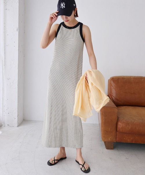 andme（アンドミー）の「カップ付きボーダーアメスリワンピース（ワンピース・レディース・ベージュ/オフホワイト/ライム/ブラック・FREE）」の8枚目の写真