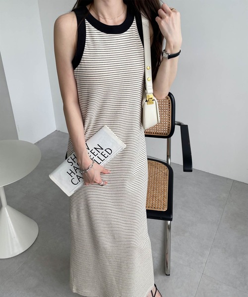 andme（アンドミー）の「カップ付きボーダーアメスリワンピース（ワンピース・レディース・ベージュ/オフホワイト/ライム/ブラック・FREE）」の14枚目の写真