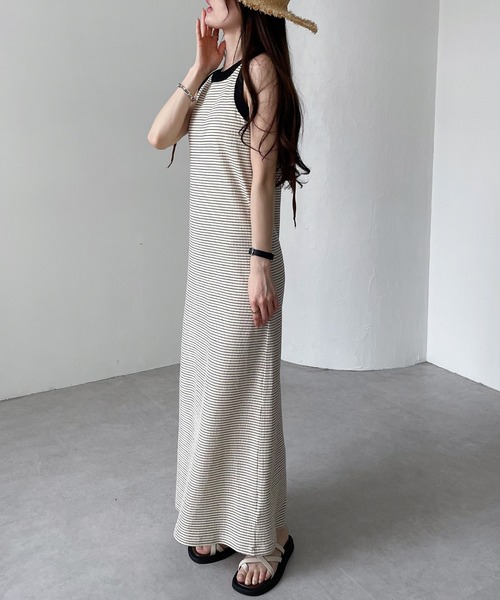 andme（アンドミー）の「カップ付きボーダーアメスリワンピース（ワンピース・レディース・ベージュ/オフホワイト/ライム/ブラック・FREE）」の6枚目の写真