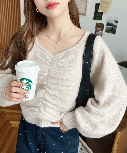 moment+（モーメントプラス）の「【累計販売枚数2万枚突破！】アルパカライクフロントシャーリングミックスニットプルオーバー（ニット/セーター・レディース・ブラウン/グレー/アイボリー/ブラック/ピンク/ブルーグリーン/チャコールグレー・M/L）」の8枚目の写真