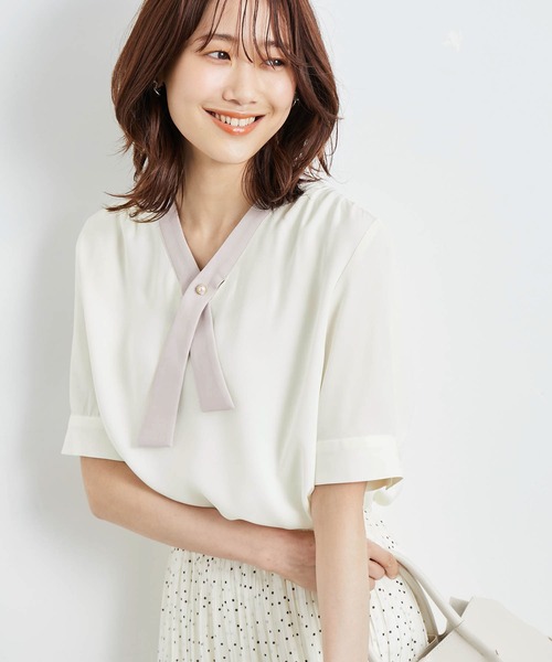 ROPE' PICNIC（ロペピクニック）の「【WEB限定】洗える/アソート配色リバーボタンタイブラウス（シャツ/ブラウス・レディース・ネイビー/ベージュ/ホワイト/ホワイト系その他・38）」の5枚目の写真