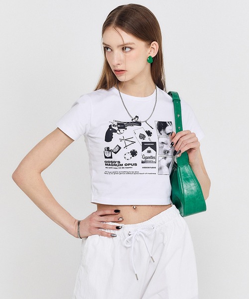 ODD STUDIO（オッドスタジオ）の「ODD STUDIO(オッドスタジオ)/collage graphic crop T-shirt/カレッジ グラフィック クロップ Tシャツ（Tシャツ/カットソー・レディース・ホワイト/グレー・F）」の7枚目の写真