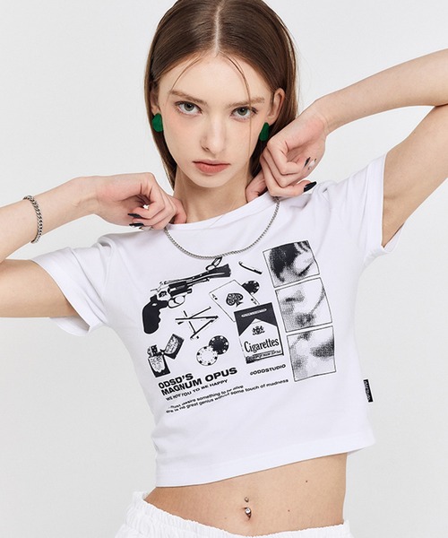 ODD STUDIO（オッドスタジオ）の「ODD STUDIO(オッドスタジオ)/collage graphic crop T-shirt/カレッジ グラフィック クロップ Tシャツ（Tシャツ/カットソー・レディース・ホワイト/グレー・F）」の10枚目の写真