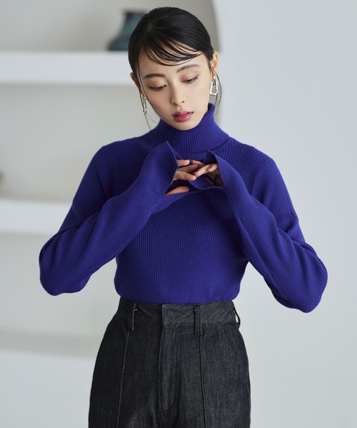 セール】洗える ｜[ネックが選べるデザイン]袖口スリットリブニット